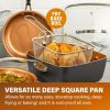 6 Quart XL Nonstick Copper Deep Square All in One 6 Qt Casserole Chef's Pan & Stock Pot- 4 Piece Set, Includes Frying Basket and Steamer Tray, Dishwas